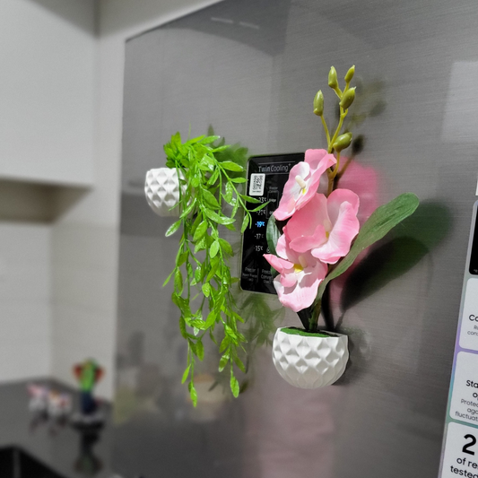 3D Printed Fridge Magnet Flower Pot with Artificial Flower and Creeper - Set of 2 (White Pot with Pink Flower)