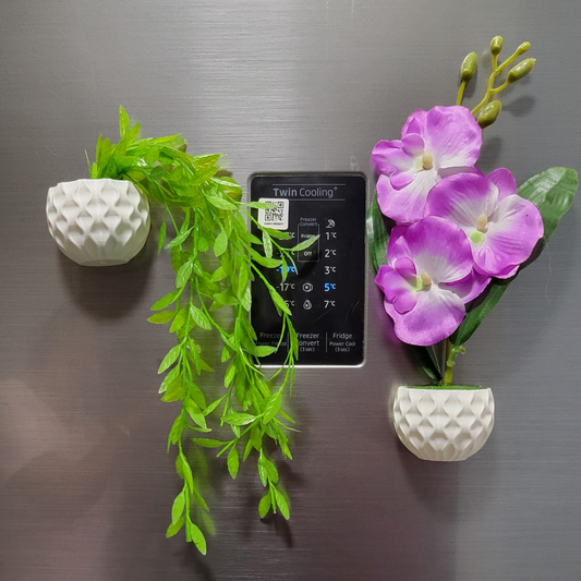 3D Printed Fridge Magnet Flower Pot with Artificial Flower and Creeper - Set of 2 (White Pot with Purple Flower)