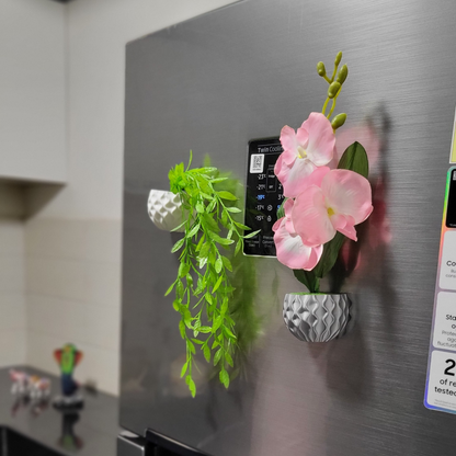 3D Printed Fridge Magnet Flower Pot with Artificial Flower and Creeper - Set of 2  (White and Gray Pink Flower)