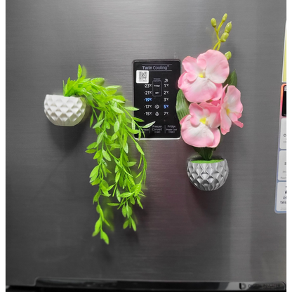 3D Printed Fridge Magnet Flower Pot with Artificial Flower and Creeper - Set of 2  (White and Gray Pink Flower)