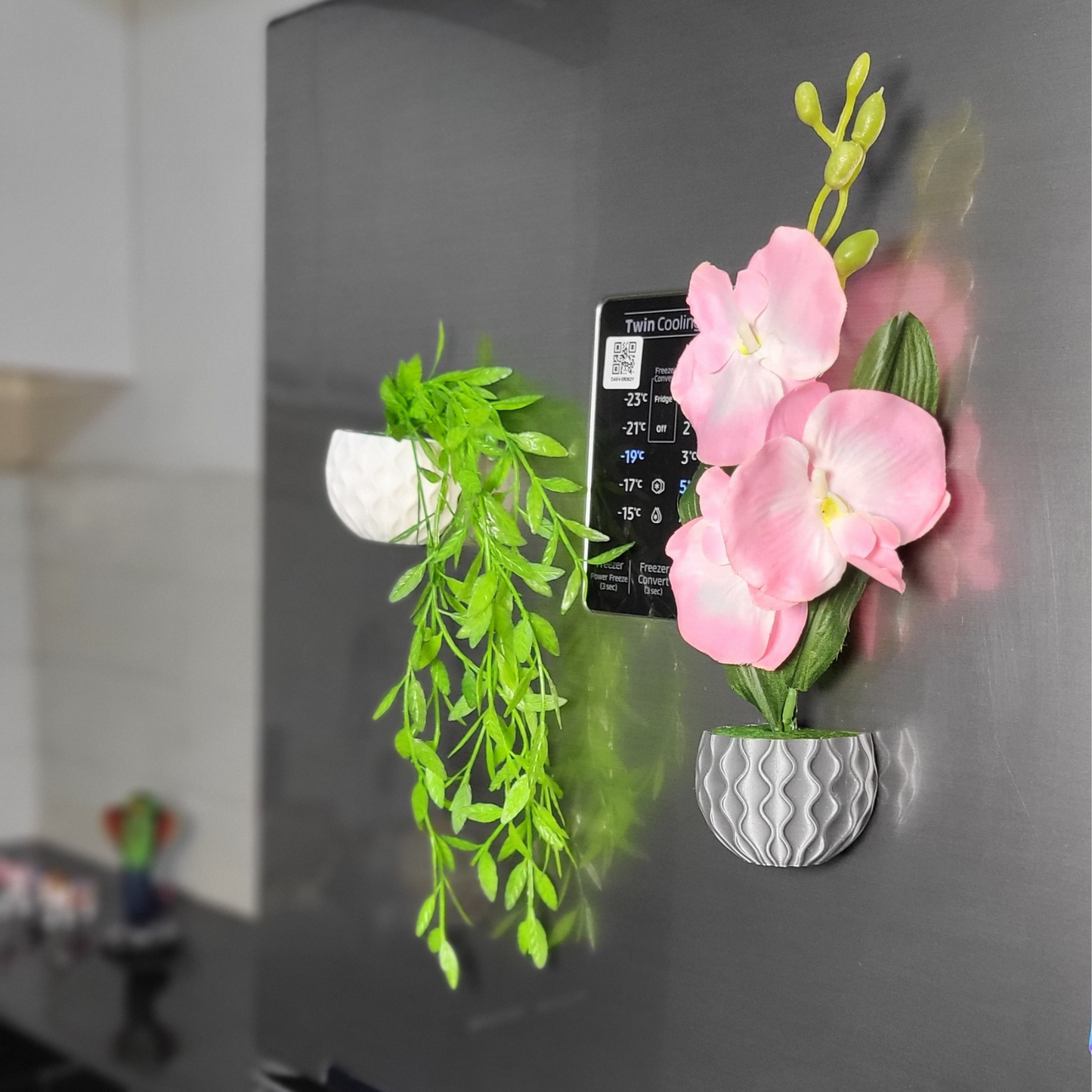 3D Printed Fridge Magnet Flower Pot with Artificial Flower and Creeper - Set of 2  (White and Gray Pink Flower)