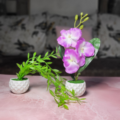 3D Printed Fridge Magnet Flower Pot with Artificial Flower and Creeper - Set of 2 (White Pot with Purple Flower)