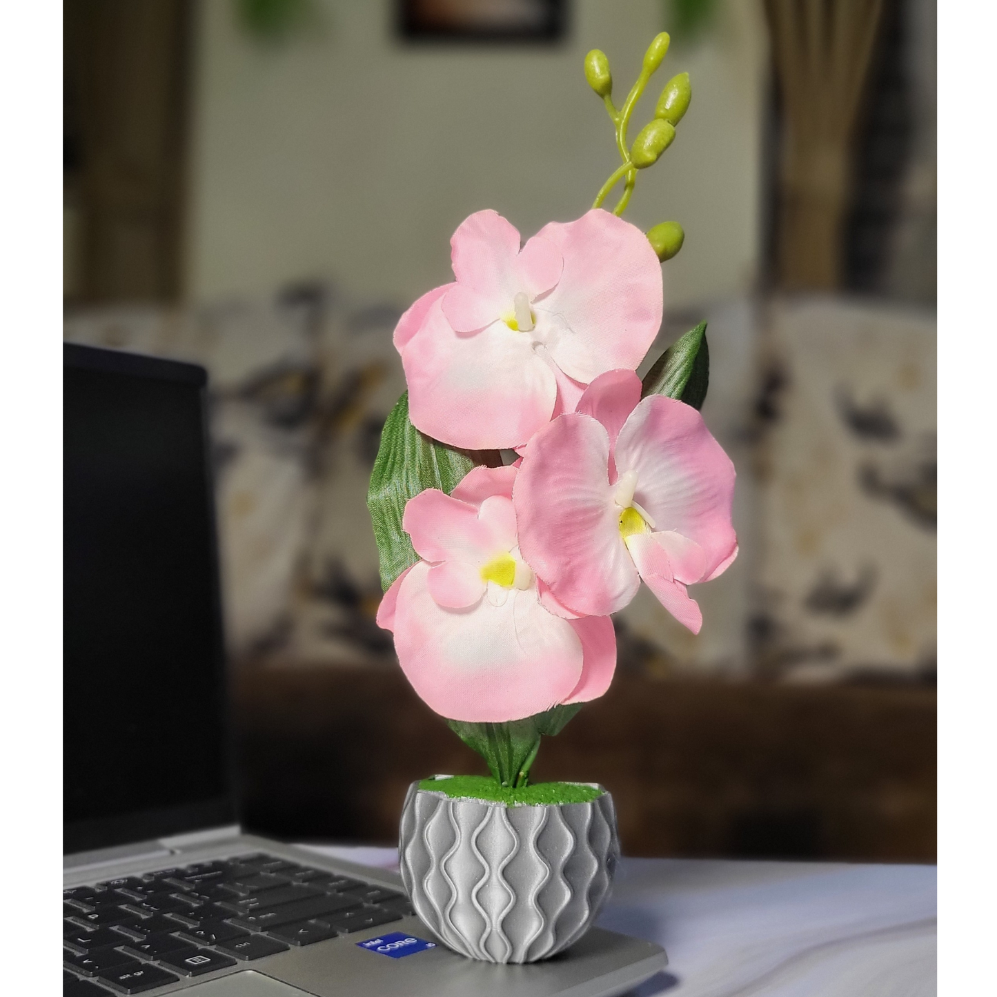 3D Printed Fridge Magnet Flower Pot with Artificial Flower and Creeper - Set of 2  (White and Gray Pink Flower)