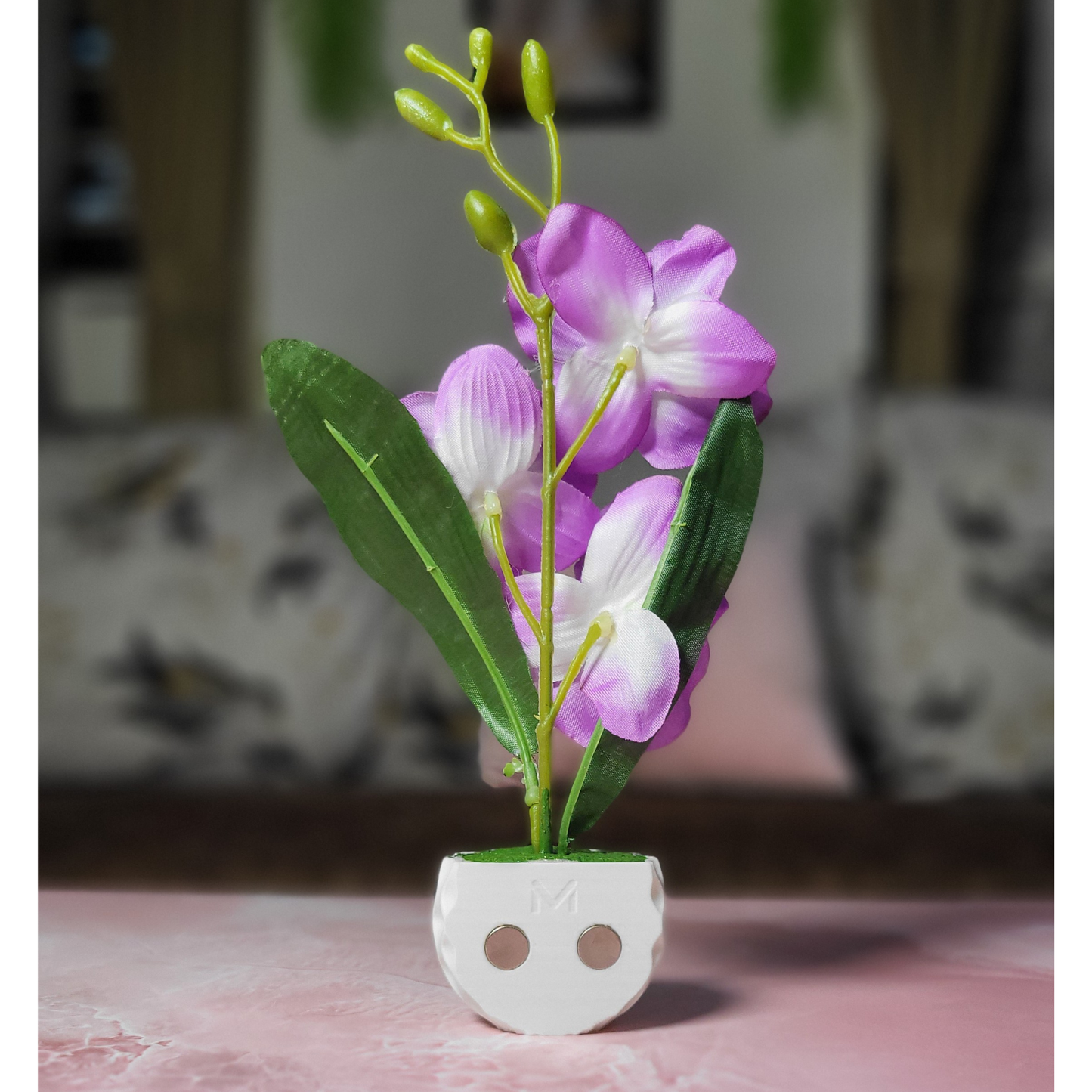 3D Printed Fridge Magnet Flower Pot with Artificial Flower and Creeper - Set of 2 (White Pot with Purple Flower)