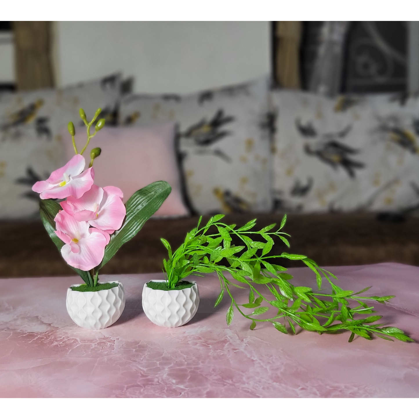 3D Printed Fridge Magnet Flower Pot with Artificial Flower and Creeper - Set of 2 (White Pot with Pink Flower)