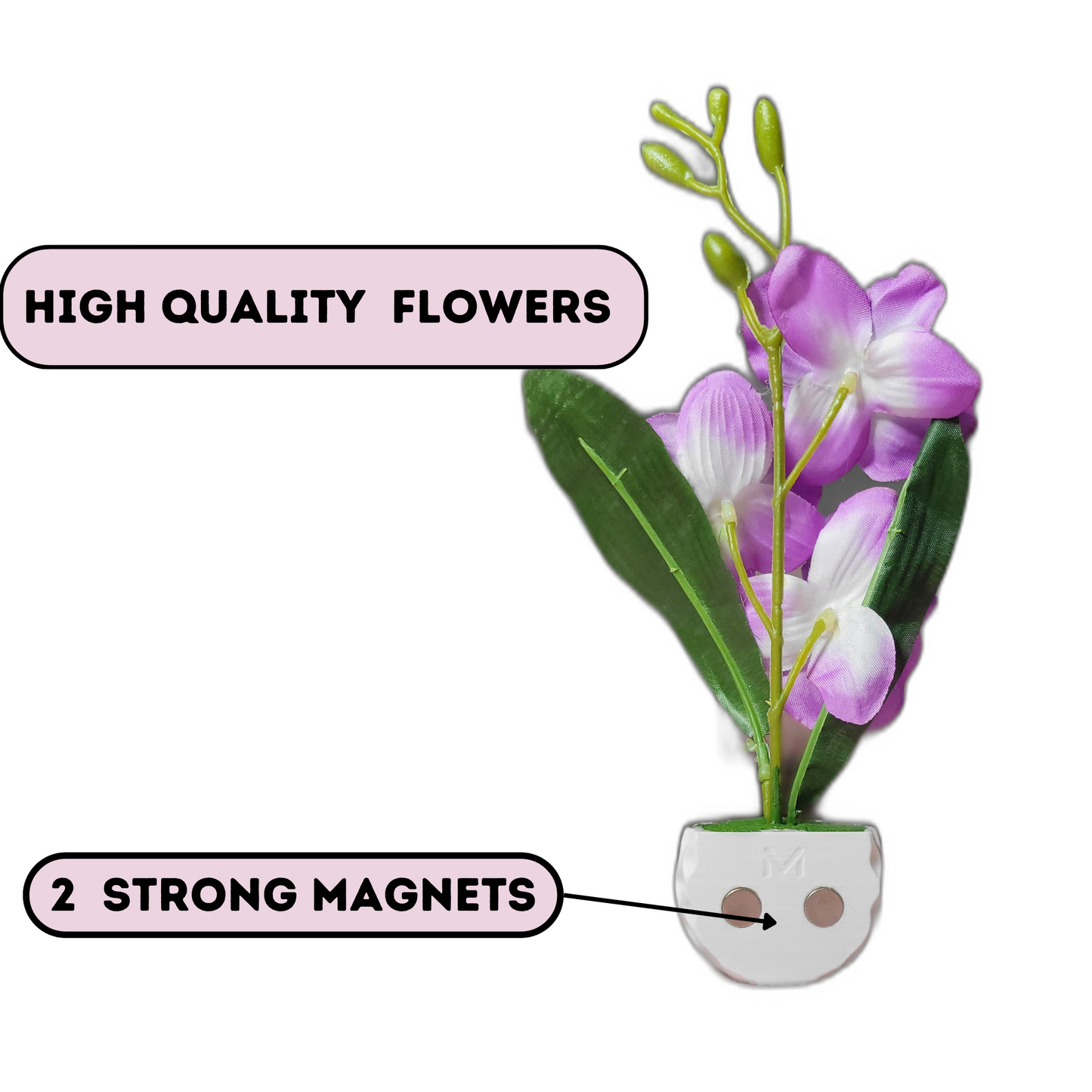 3D Printed Fridge Magnet Flower Pot with Artificial Flower and Creeper - Set of 2 (White Pot with Purple Flower)